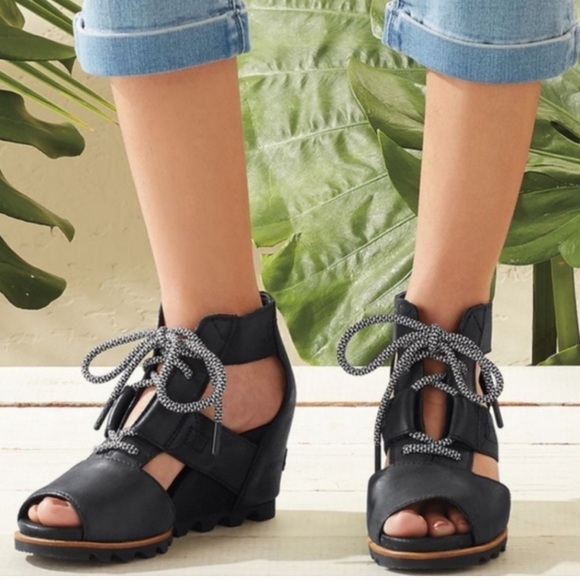 Sorel Black Leather Joanie ll Wedge Lace Up Sandals Size 9 EUC! - Picture 2 of 10